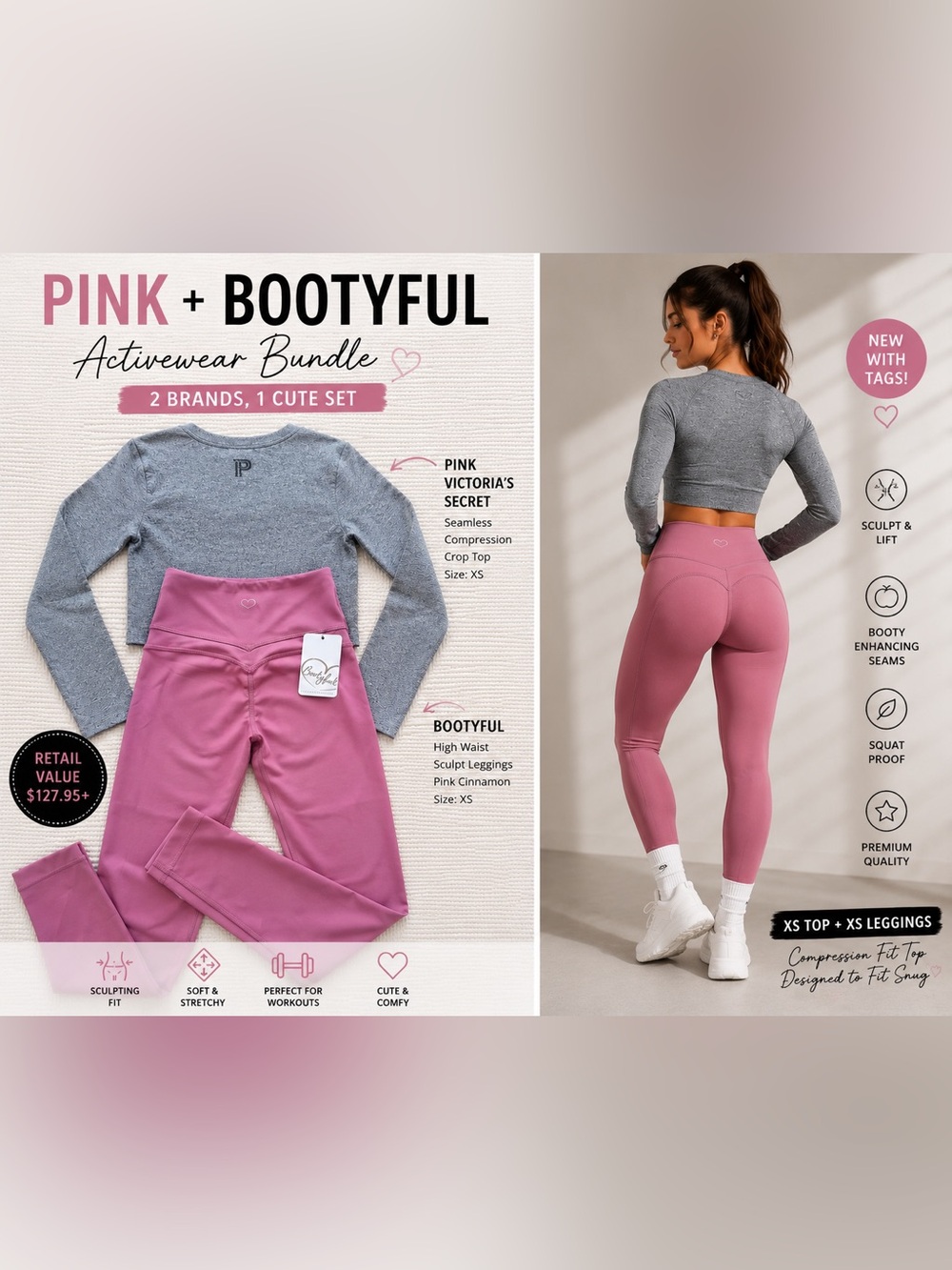 PINK VS Seamless Crop Top S + Bootyful Leggings XS NWT Set